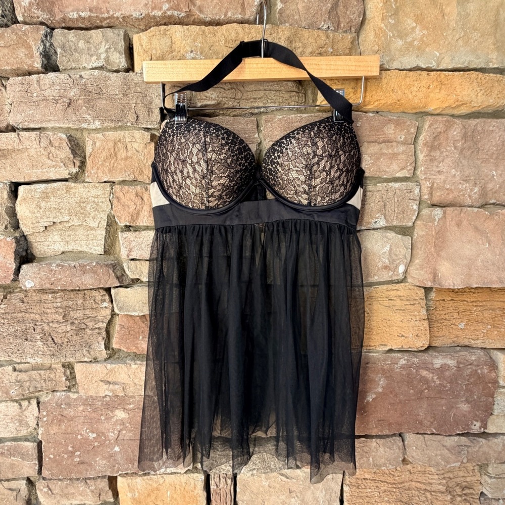 Victoria Secret Black Lace Tulle Babydoll Chemise Padded Halter Bra 36D LINGERIE